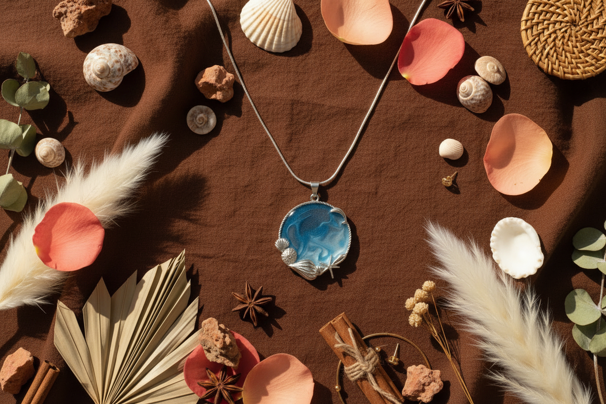 Necklace flat lay on chocolate linen with earthy props